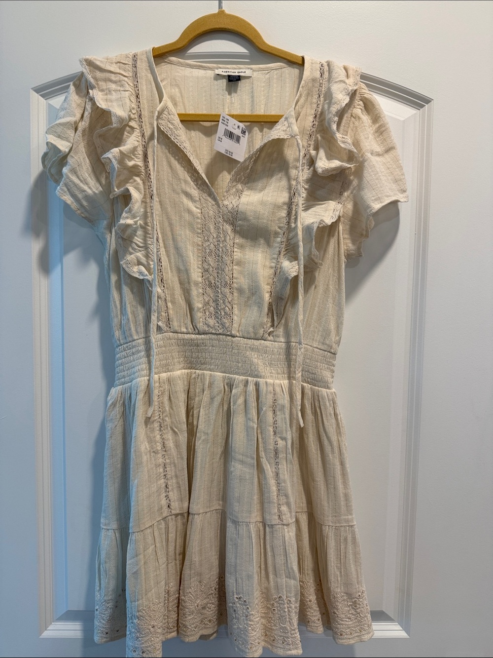 American Eagle Outfitters Cream Ruffle Tiered Mini Dress